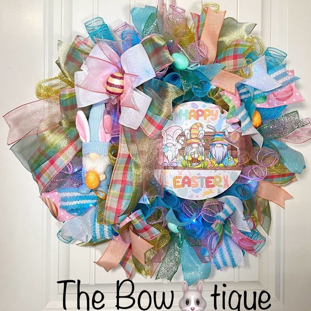 Handmade Easter Bunny Gnome Prelit Ribbon Wreath 22 in LED W10